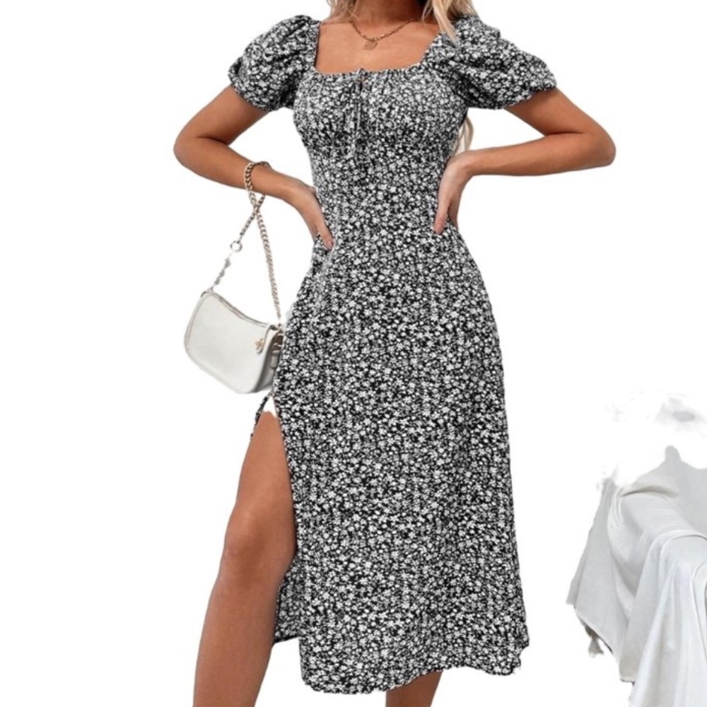 Boho Ditsy Floral Print Square Neck A Line Short Sleeve Women's Dress